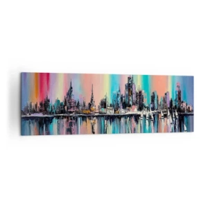 Cuadro sobre lienzo - Impresión de Imagen - Paisaje urbano colorido con reflejo en el agua - 160x50cm - Flota con la luz de la noche - Decoración de pared moderna para salón y dormitorio ARTTOR