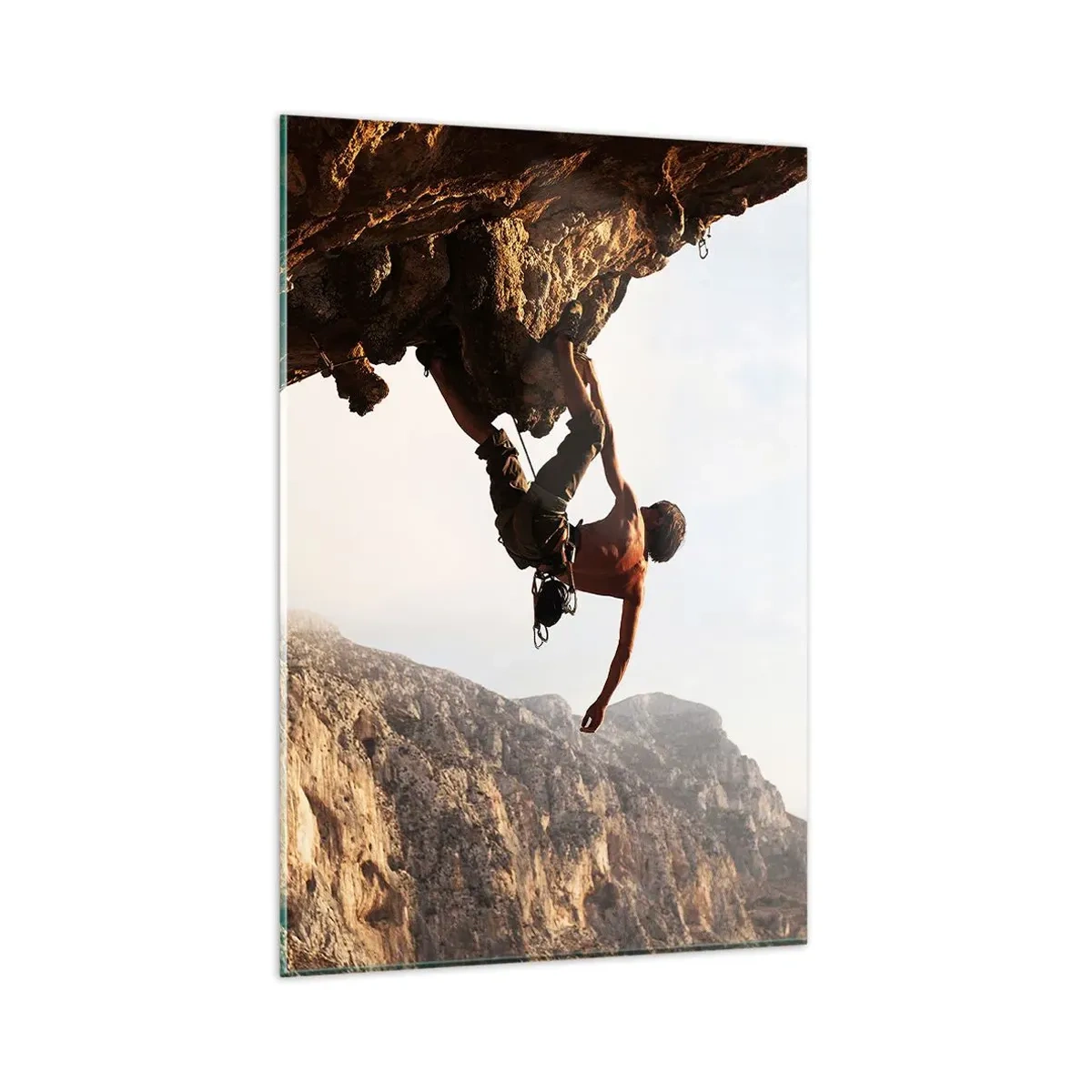 Cuadro sobre vidrio - Impresiones sobre Vidrio - Un escalador en un acantilado escarpado en las montañas bajo el sol. - 80x120cm - Un mundo en la roca - Decoración de pared moderna para salón y dormitorio ARTTOR