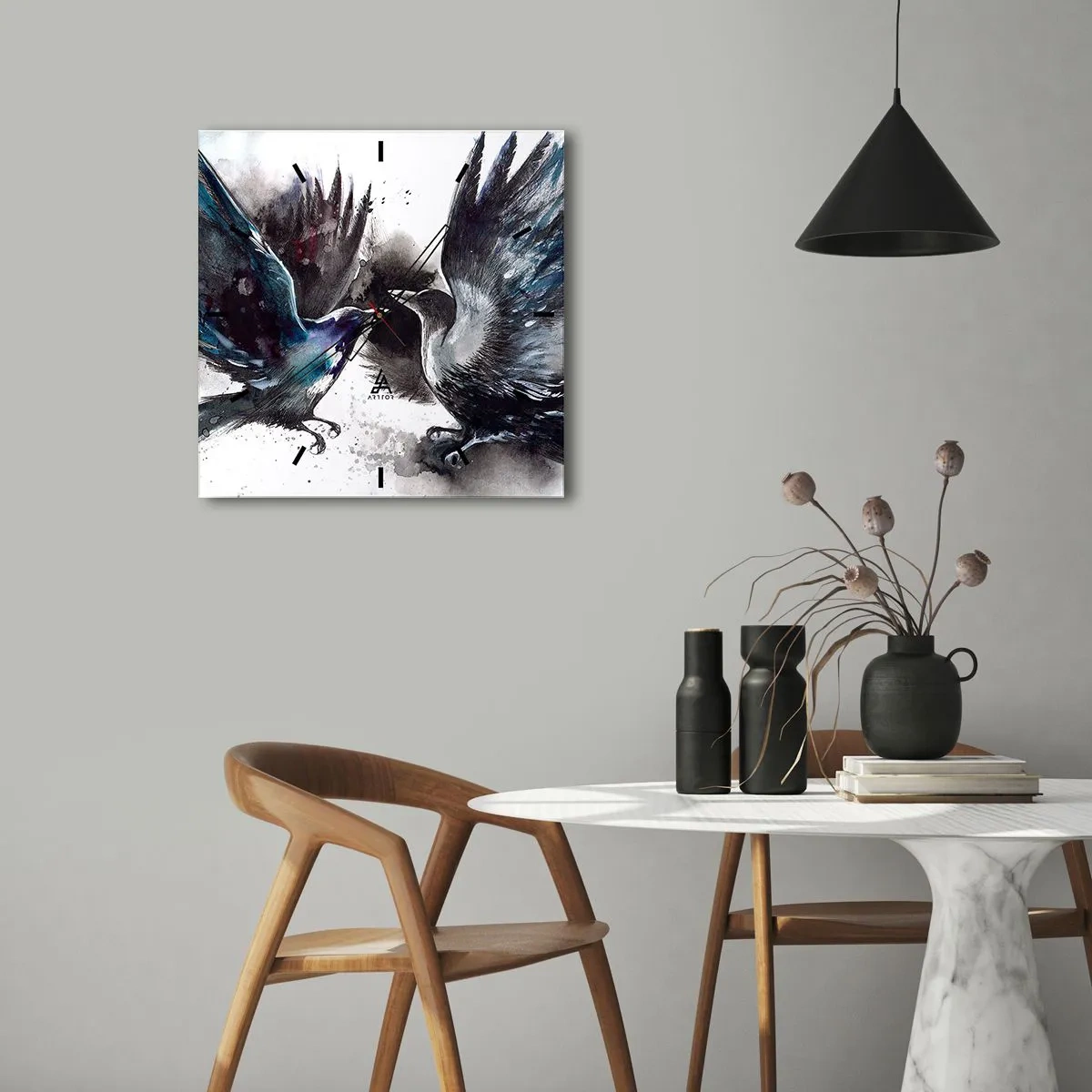 Reloj de pared - Reloj de vidrio - Cuervos artísticos en una composición dinámica de acuarela. - 30x30cm - De cuervo a cuervo... - Decoración de pared moderna para salón y dormitorio ARTTOR