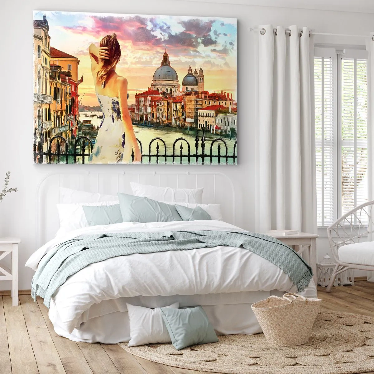 Cuadro sobre lienzo - Impresión de Imagen - Una mujer admirando el pintoresco paisaje junto al canal. - 70x50cm - Escapada de fin de semana - Decoración de pared moderna para salón y dormitorio ARTTOR