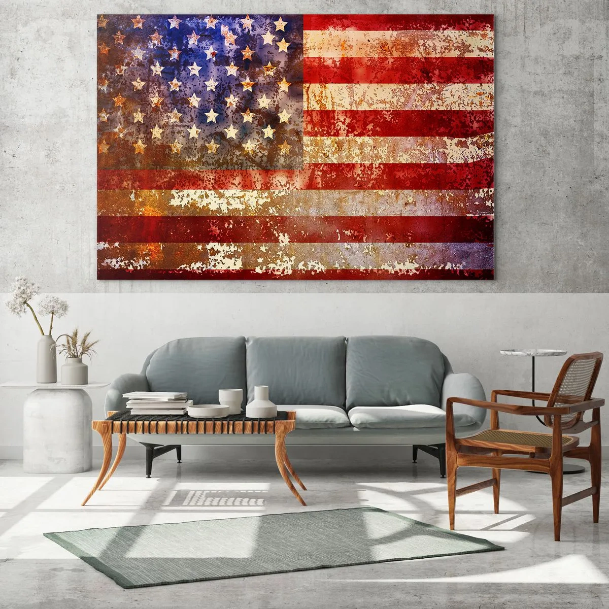 Cuadro sobre vidrio - Impresiones sobre Vidrio - Bandera estadounidense oxidada - 100x70cm - La gloria no pasa - Decoración de pared moderna para salón y dormitorio ARTTOR