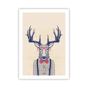 Póster - Ciervo elegante con gafas y pajarita sobre un fondo beige. - 50x70cm - Una extravagancia lúdica - Decoración de pared moderna para salón y dormitorio ARTTOR
