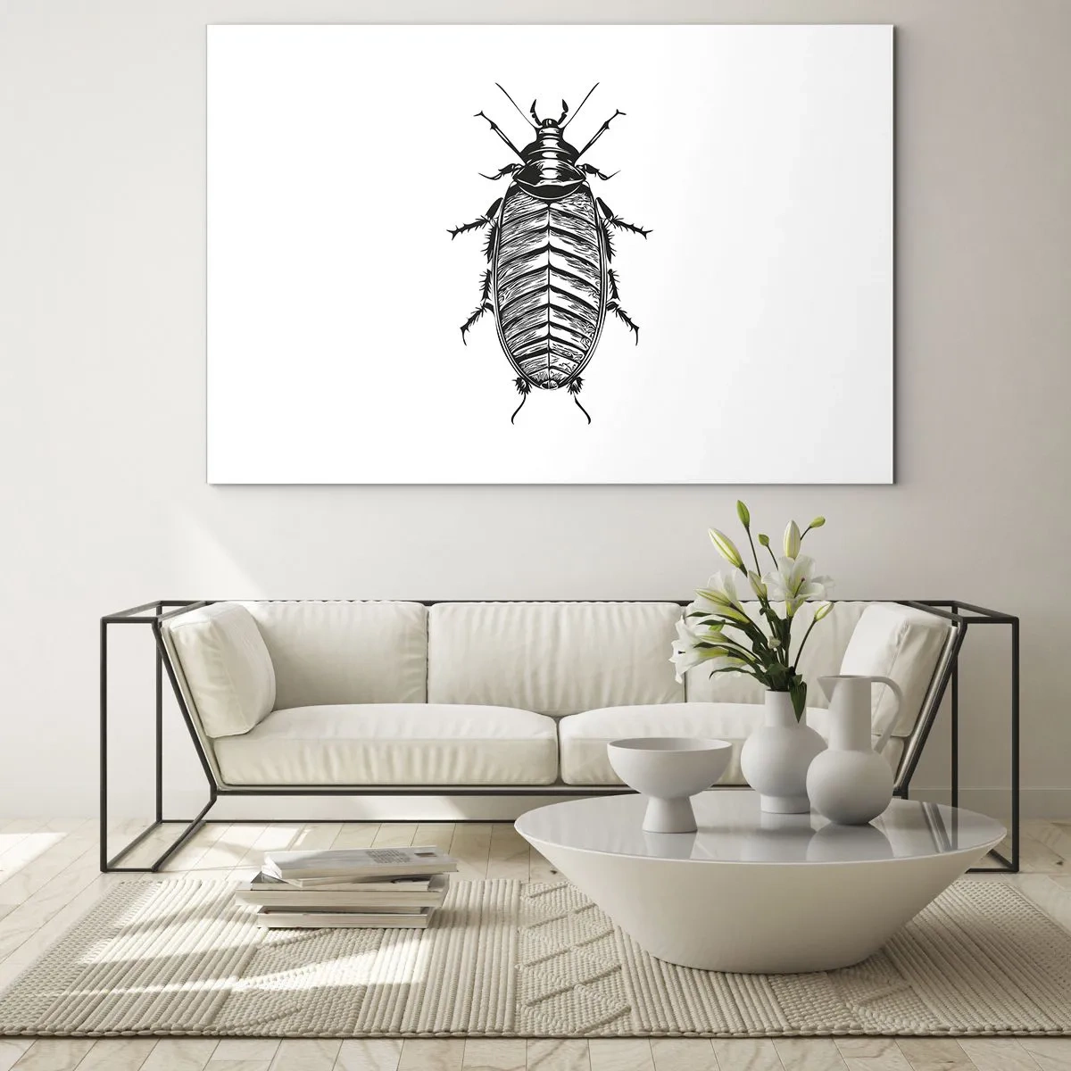 Cuadro sobre vidrio - Impresiones sobre Vidrio - Ilustración en blanco y negro de un insecto sobre un fondo blanco. - 100x70cm - ¡Qué espécimen! - Decoración de pared moderna para salón y dormitorio ARTTOR