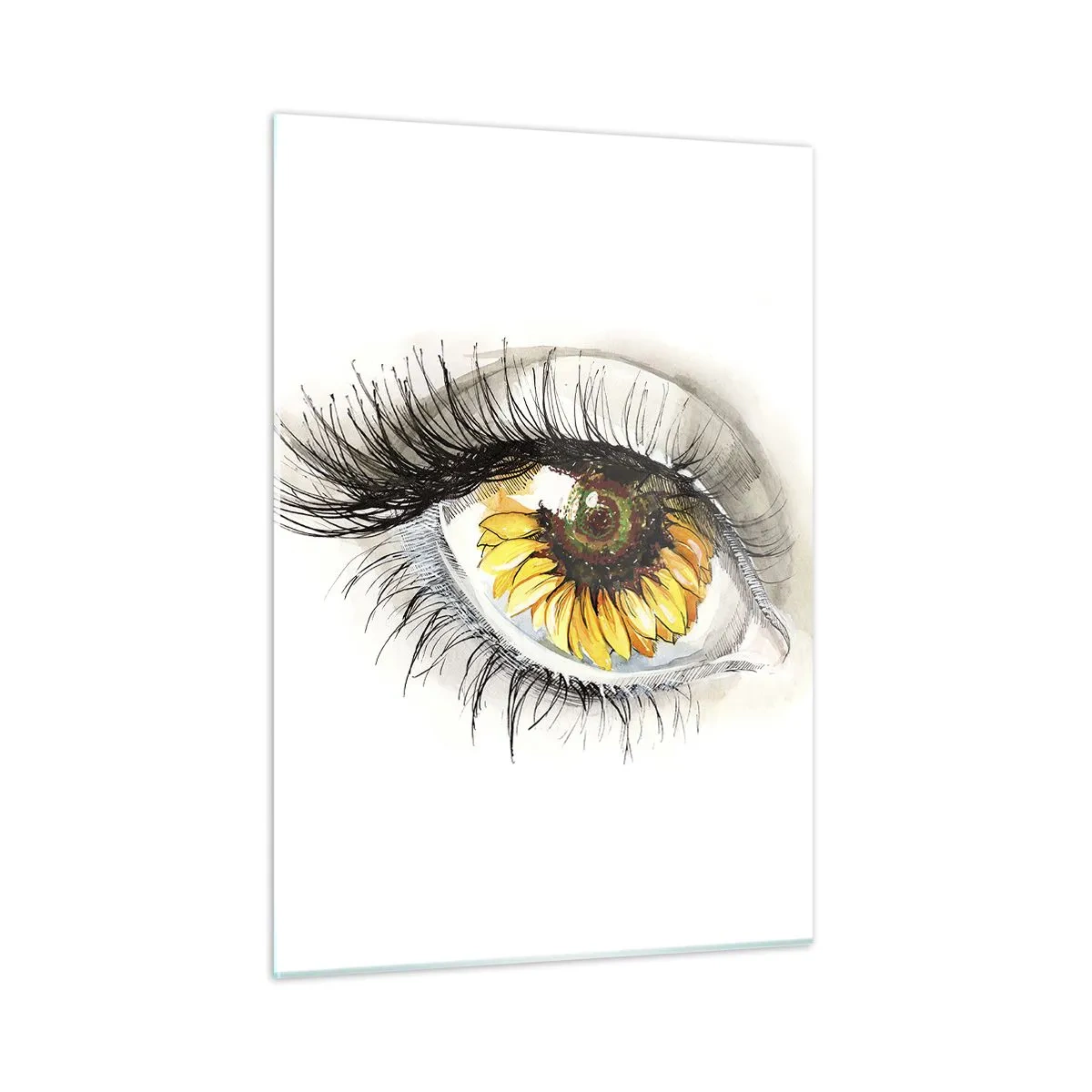 Cuadro sobre vidrio - Impresiones sobre Vidrio - Un ojo con motivo de girasol rodeado de delicados detalles. - 50x70cm - Un aspecto tan caluroso como el verano - Decoración de pared moderna para salón y dormitorio ARTTOR