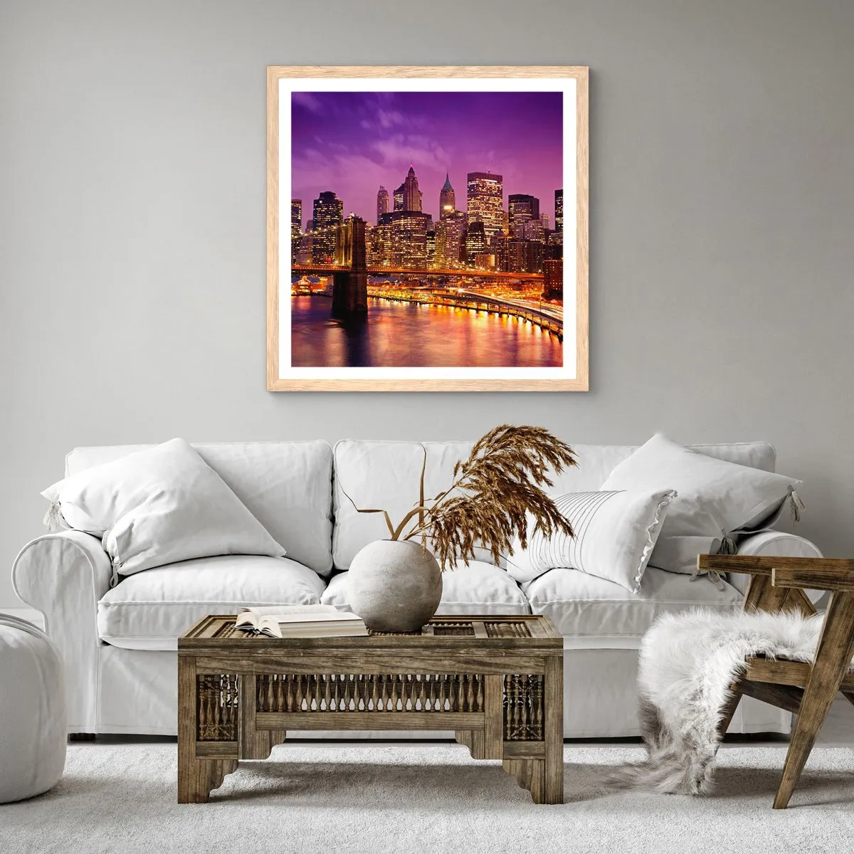 Póster en marco roble claro - Manhattan púrpura y dorado - 30x30 cm