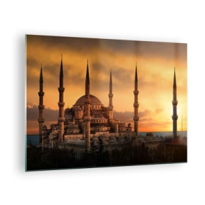 Cuadro sobre vidrio - Impresiones sobre Vidrio - La Mezquita Azul con el atardecer como telón de fondo - 70x50cm - Dios es grande - Decoración de pared moderna para salón y dormitorio ARTTOR