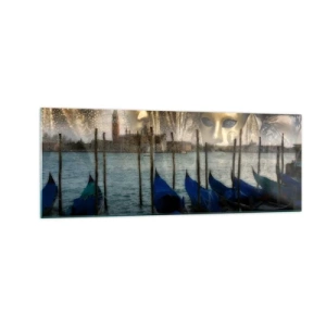 Cuadro sobre vidrio - Impresiones sobre Vidrio - Máscaras de carnaval veneciano y góndolas con la ciudad y el agua como telón de fondo. - 140x50cm - El tiempo de carnaval ha comenzado - Decoración de pared moderna para salón y dormitorio ARTTOR