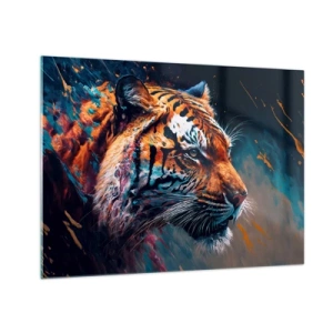 Cuadro sobre vidrio - Impresiones sobre Vidrio - Retrato de un tigre en una explosión artística de colores. - 70x50cm - Belleza salvaje - Decoración de pared moderna para salón y dormitorio ARTTOR