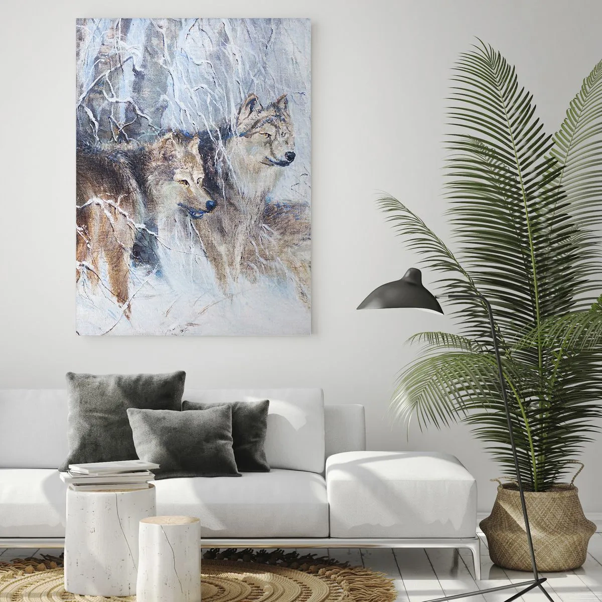 Cuadro sobre vidrio - Impresiones sobre Vidrio - Tres lobos en un bosque invernal rodeado de nieve. - 50x70cm - ¡Cuidado! Aquí viene... - Decoración de pared moderna para salón y dormitorio ARTTOR