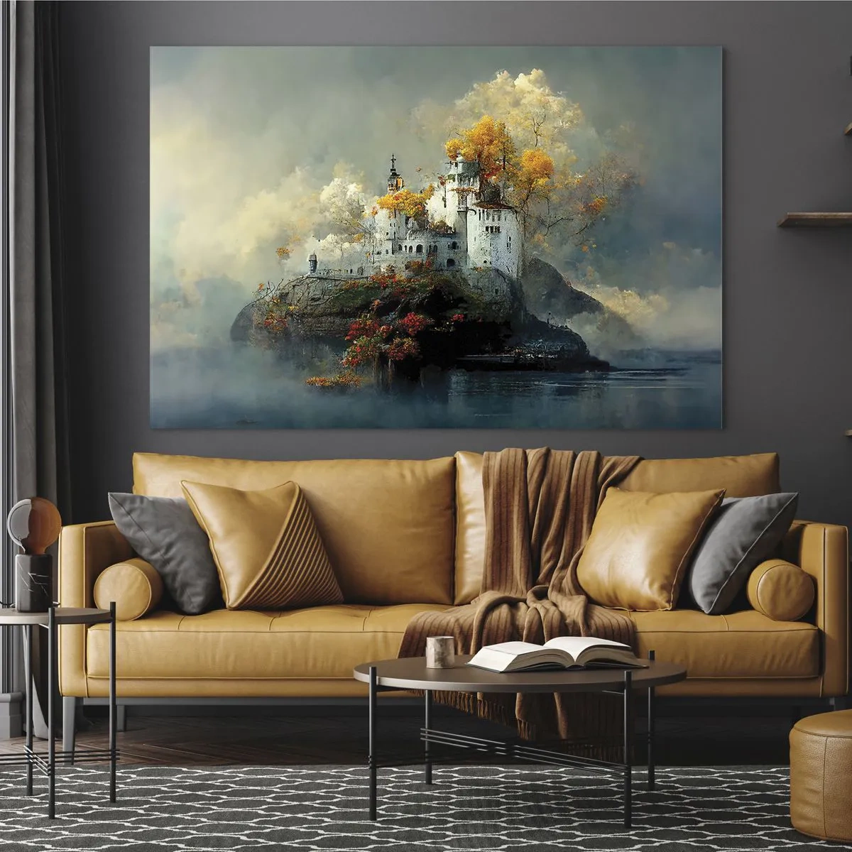Cuadro sobre vidrio - Impresiones sobre Vidrio - Un castillo sobre una roca rodeado de niebla y árboles otoñales. - 70x50cm - El comienzo de una historia romántica - Decoración de pared moderna para salón y dormitorio ARTTOR