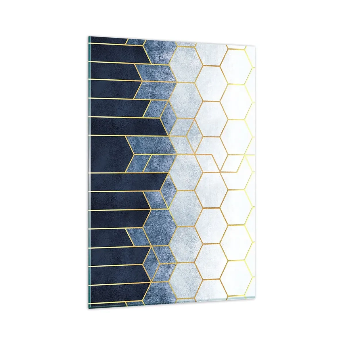 Cuadro sobre vidrio - Impresiones sobre Vidrio - Patrón geométrico en tonos dorados y azul marino. - 80x120cm - Composición rítmica visual - Decoración de pared moderna para salón y dormitorio ARTTOR