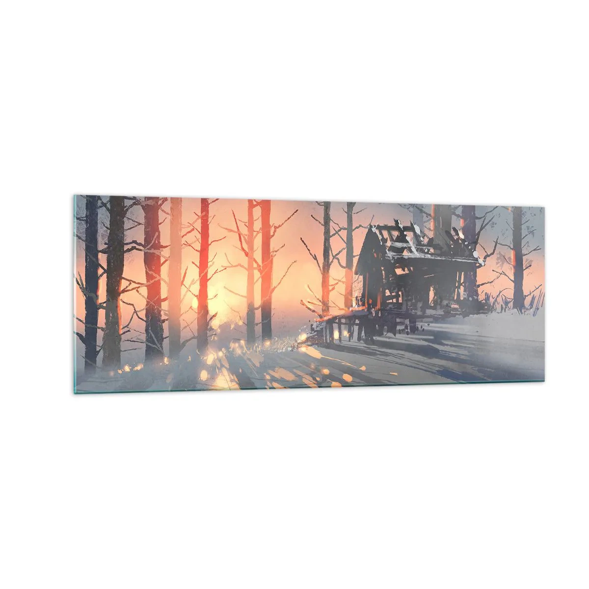 Cuadro sobre vidrio - Impresiones sobre Vidrio - Una cabaña forestal en un paisaje invernal con los rayos del sol poniente. - 140x50cm - Solo el sol es testigo - Decoración de pared moderna para salón y dormitorio ARTTOR