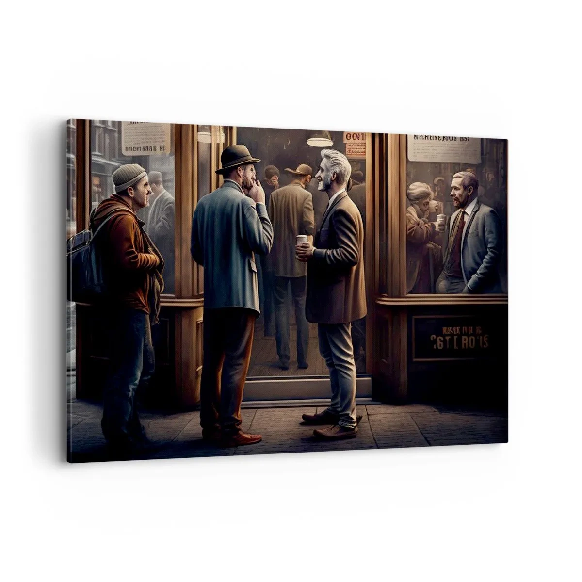 Cuadro sobre lienzo - Impresión de Imagen - Escena callejera con gente frente a un café retro. - 100x70cm - Un buen momento del día - Decoración de pared moderna para salón y dormitorio ARTTOR
