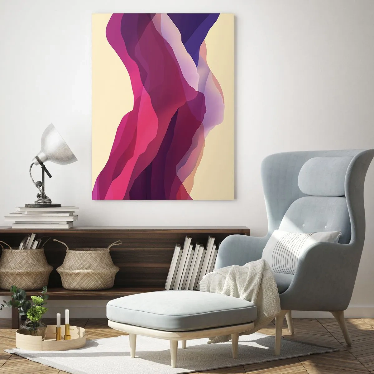 Cuadro sobre vidrio - Impresiones sobre Vidrio - Ondas abstractas en tonos morados y rosas sobre un fondo claro. - 50x70cm - Ondas púrpuras - Decoración de pared moderna para salón y dormitorio ARTTOR