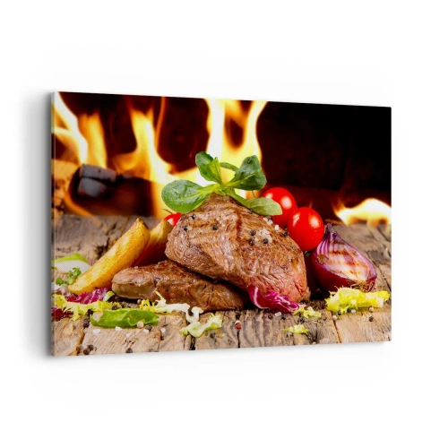 Cuadro sobre lienzo - Impresión de Imagen - Filete a la parrilla con acompañamientos con el telón de fondo de las llamas. - 120x80cm - Embrujo de fuego - Decoración de pared moderna para salón y dormitorio ARTTOR