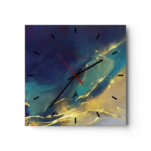 Reloj de pared - Reloj de vidrio - Composición abstracta en tonos azules y dorados sobre lienzo. - 30x30cm - Inundación dorada - Decoración de pared moderna para salón y dormitorio ARTTOR