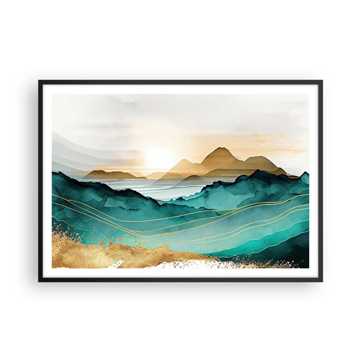 Póster en marco negro - Paisaje abstracto con montañas y acentos dorados. - 100x70cm - Al borde de la abstracción - paisaje - Decoración de pared moderna para salón y dormitorio ARTTOR
