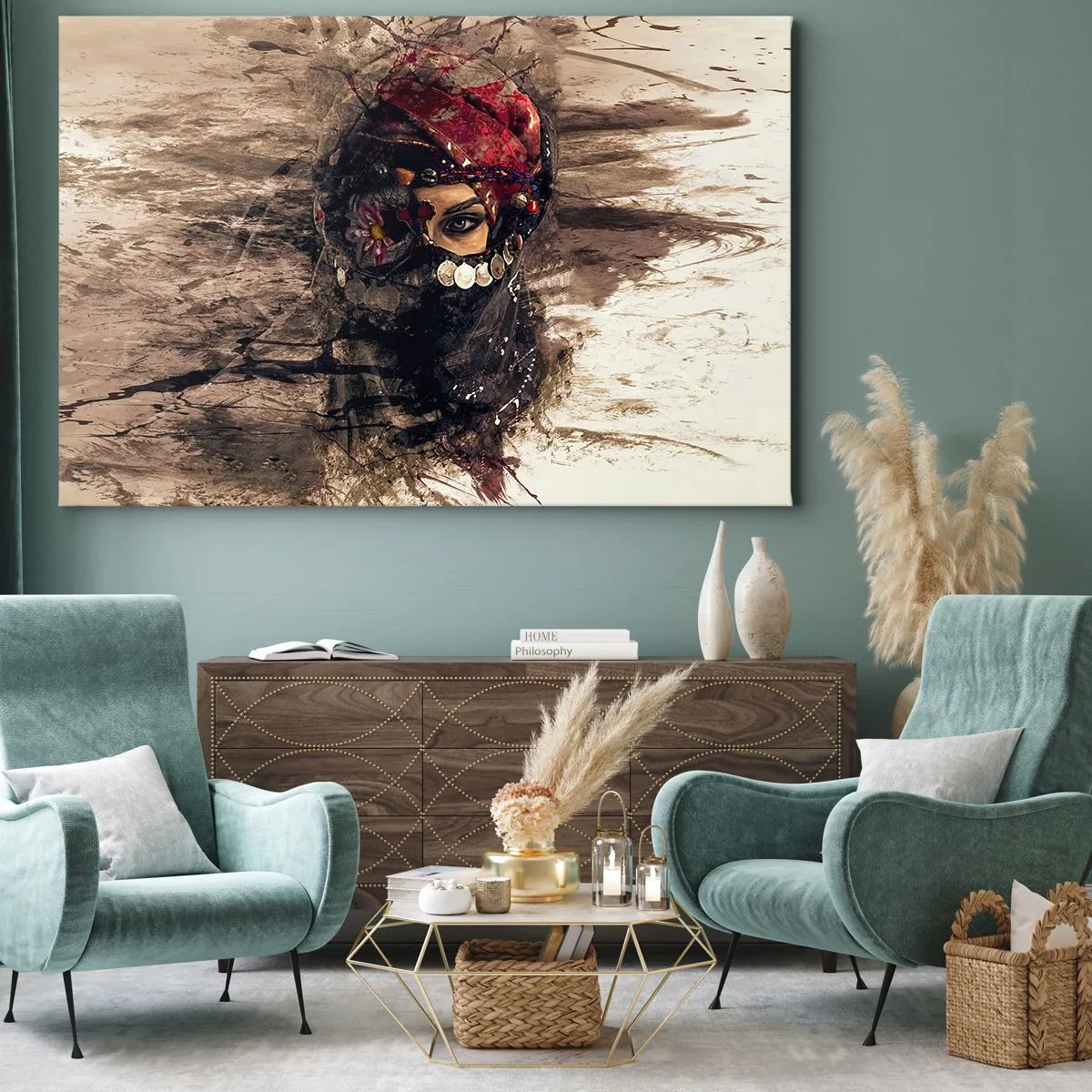 Cuadro sobre lienzo - Impresión de Imagen - Retrato artístico de una mujer con atuendo oriental sobre un fondo abstracto. - 120x80cm - Inquietante, como mínimo - Decoración de pared moderna para salón y dormitorio ARTTOR