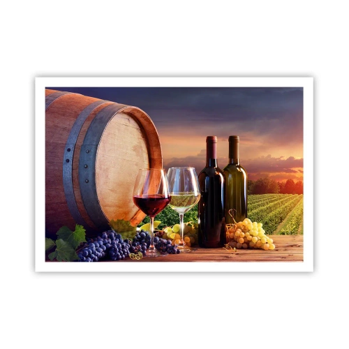 Póster - Vino, copas y un barril en un paisaje pintoresco. - 100x70cm - Aquí la vida tiene un sabor - Decoración de pared moderna para salón y dormitorio ARTTOR