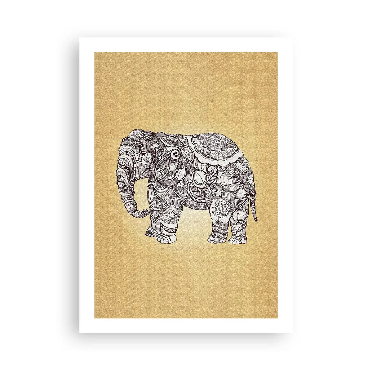 Póster - Ilustración decorativa de un elefante con adornos intrincados sobre un fondo dorado. - 50x70cm - El elefante decorado - Decoración de pared moderna para salón y dormitorio ARTTOR