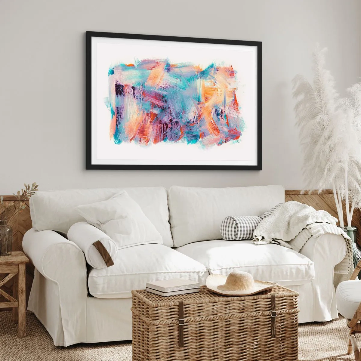 Póster en marco negro - Pinceladas coloridas en una composición abstracta - 70x50cm - Colorido desorden - Decoración de pared moderna para salón y dormitorio ARTTOR