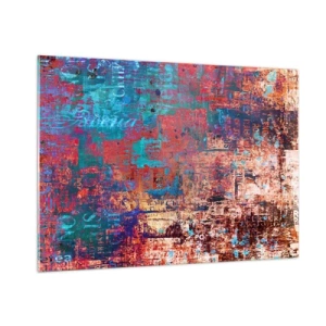 Cuadro sobre vidrio - Impresiones sobre Vidrio - Composición abstracta en tonos azules y rojos. - 100x70cm - Memoria y olvido - Decoración de pared moderna para salón y dormitorio ARTTOR