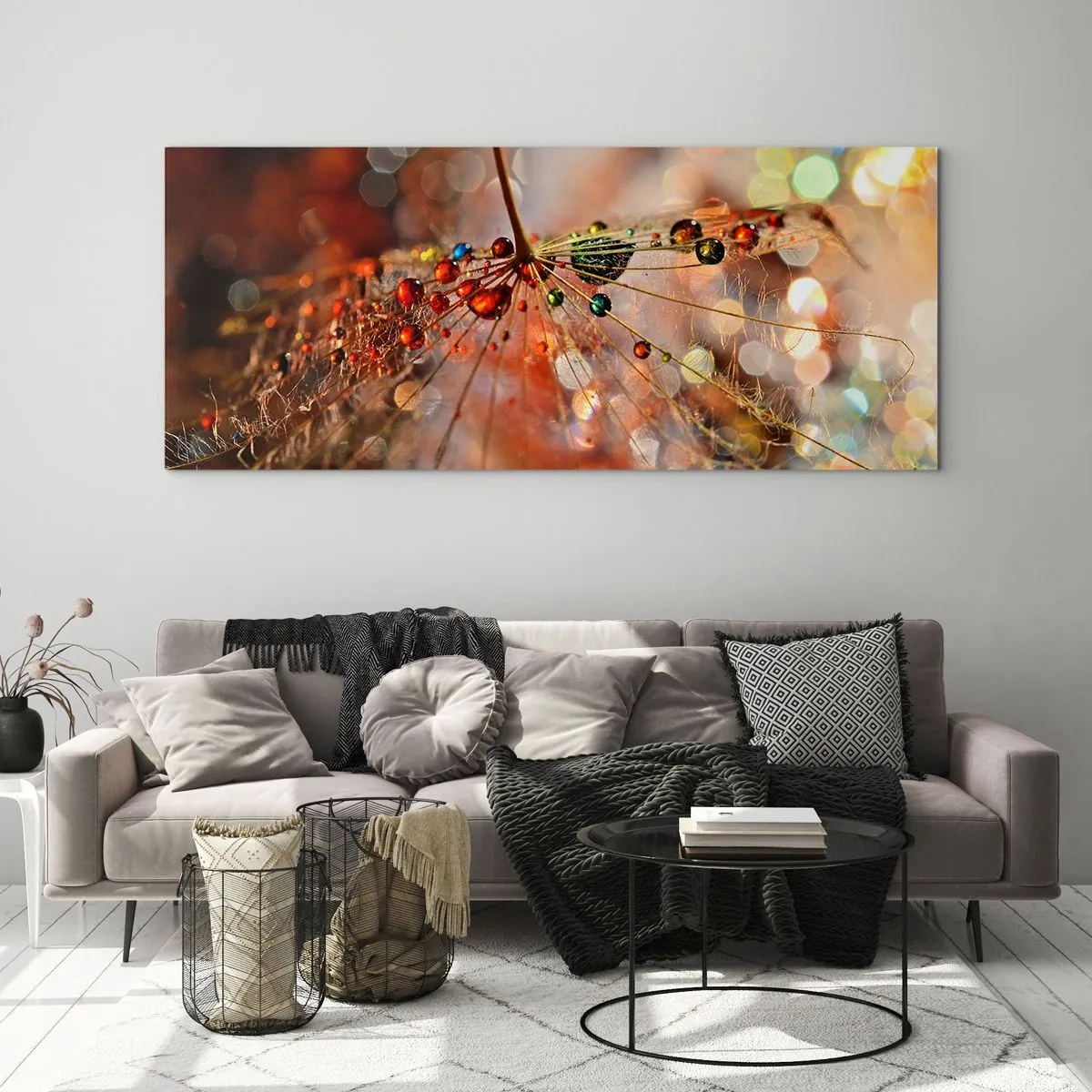 Cuadro sobre vidrio - Impresiones sobre Vidrio - Fotografía macro de una gota de agua sobre una planta delicada. - 160x50cm - En una tela de araña - Decoración de pared moderna para salón y dormitorio ARTTOR