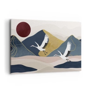 Cuadro sobre lienzo - Impresión de Imagen - Grúas en vuelo con el telón de fondo de montañas y un sol rojo. - 120x80cm - Y el día ha vuelto a pasar volando - Decoración de pared moderna para salón y dormitorio ARTTOR