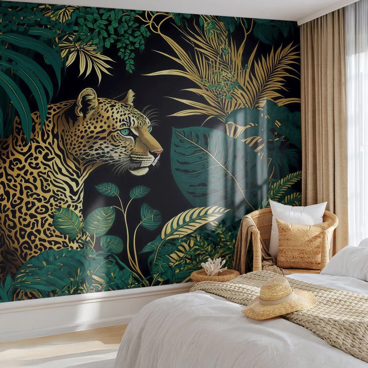 Fotomural Premium Sand - Un leopardo entre la exuberante vegetación tropical. - 100x70cm - El anfitrión en la jungla - Decoración de pared moderna para salón y dormitorio ARTTOR