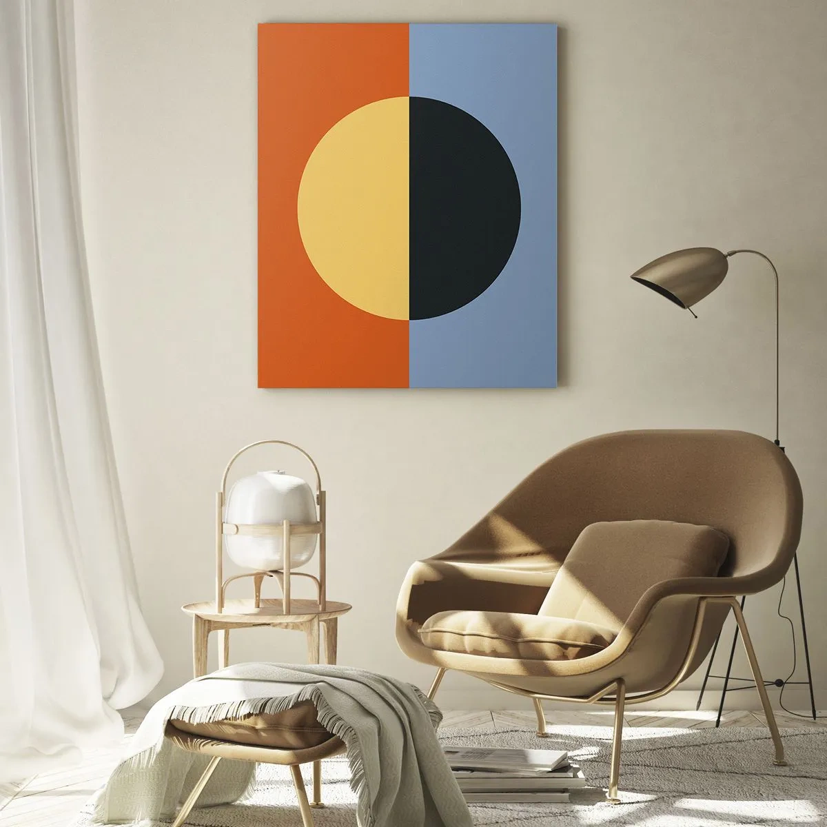 Cuadro sobre vidrio - Impresiones sobre Vidrio - Composición abstracta con un círculo en tonos cálidos y fríos. - 50x70cm - Una composición de calidez y frescura - Decoración de pared moderna para salón y dormitorio ARTTOR