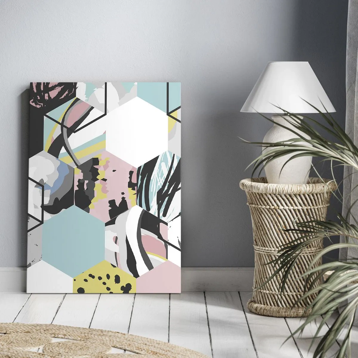 Cuadro sobre lienzo - Impresión de Imagen - Hexágonos y cubos en seis colores - 65x120 cm