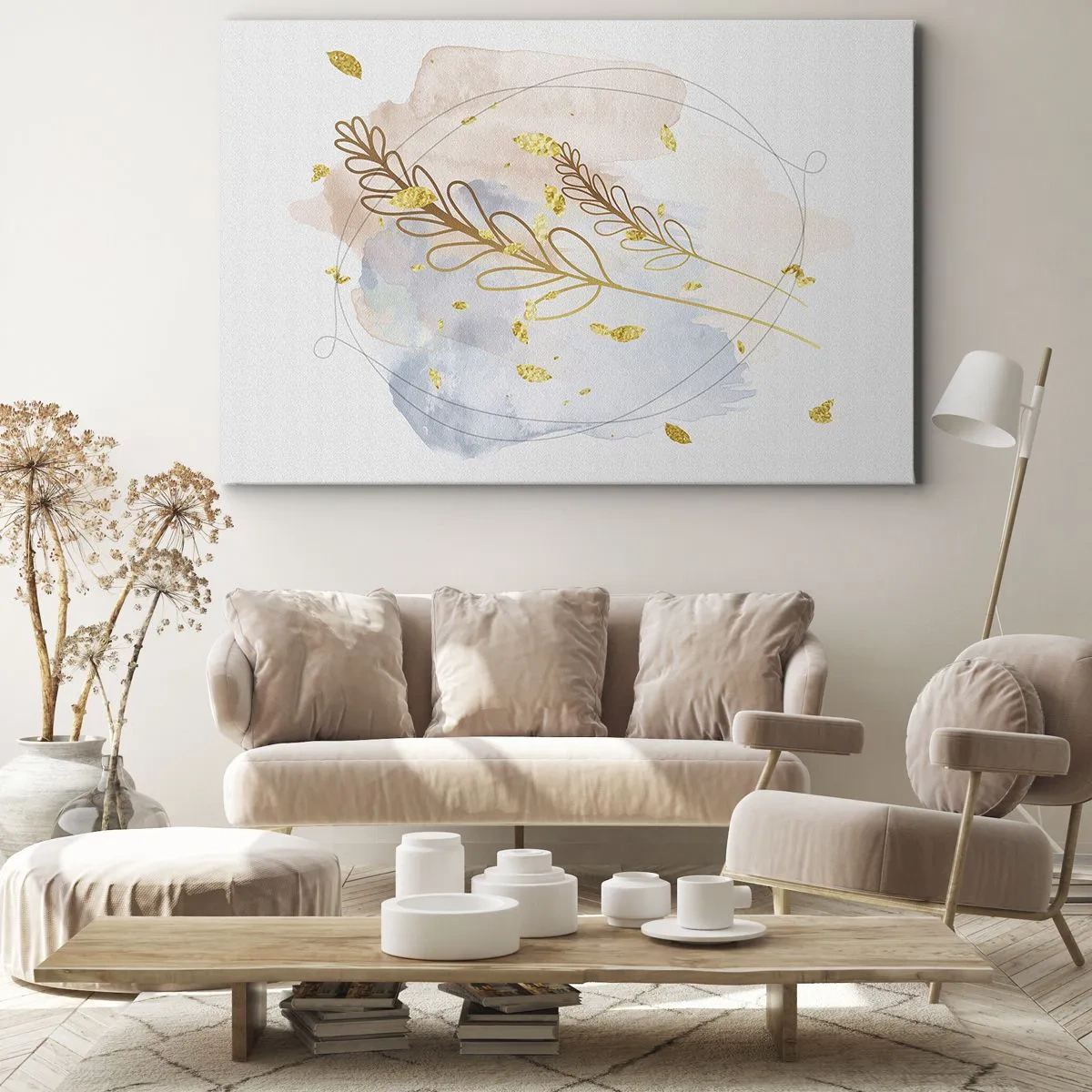 Cuadro sobre lienzo - Impresión de Imagen - Un delicado motivo de hojas doradas sobre un fondo pastel con detalles de acuarela. - 70x50cm - Ráfaga dorada - Decoración de pared moderna para salón y dormitorio ARTTOR