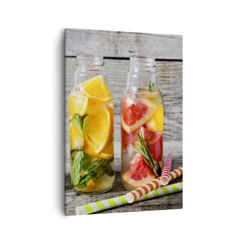 Cuadro sobre lienzo - Impresión de Imagen - Botellas de agua de frutas y hierbas sobre un fondo de madera. - 50x70cm - Saludable por naturaleza - Decoración de pared moderna para salón y dormitorio ARTTOR