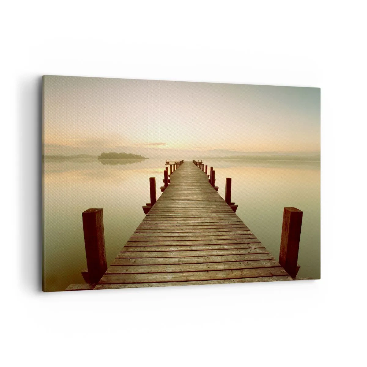 Cuadro sobre lienzo - Impresión de Imagen - Un embarcadero de madera en un lago tranquilo por la mañana. - 120x80cm - Antes del amanecer, al amanecer, la luz - Decoración de pared moderna para salón y dormitorio ARTTOR