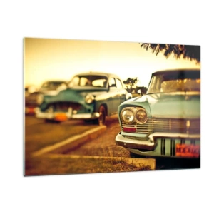 Cuadro sobre vidrio - Impresiones sobre Vidrio - Coches retro bajo la cálida luz del atardecer - 120x80cm - A la espera del futuro - Decoración de pared moderna para salón y dormitorio ARTTOR