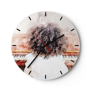 Reloj de pared - Reloj de vidrio - Un niño tocando el piano, visto desde atrás en un estilo artístico. - 30x30cm - Descubriendo un mundo nuevo - Decoración de pared moderna para salón, cocina y dormitorio ARTTOR