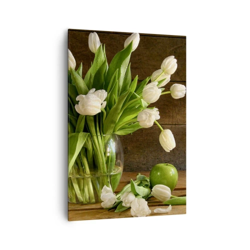 Cuadro sobre lienzo - Impresión de Imagen - Un ramo de tulipanes blancos en un jarrón de cristal con manzanas verdes. - 70x100cm - Jugoso y fresco en verde y blanco - Decoración de pared moderna para salón y dormitorio ARTTOR
