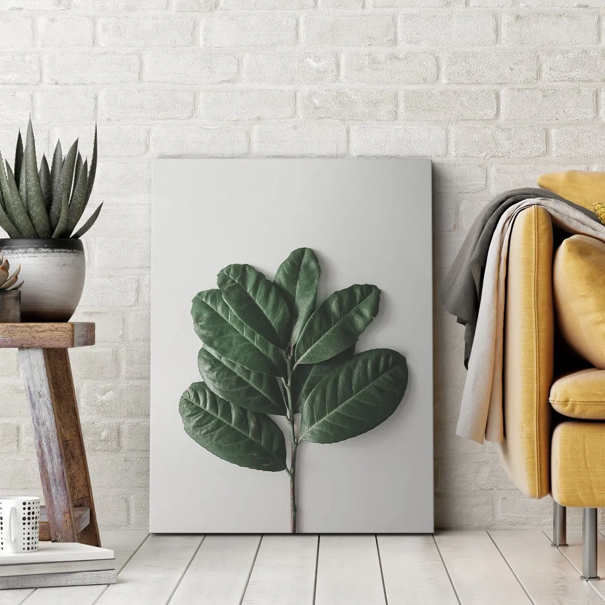 Cuadro sobre lienzo - Impresión de Imagen - Una ramita de hojas verdes sobre un fondo claro. - 50x70cm - El dibujo de la propia naturaleza - Decoración de pared moderna para salón y dormitorio ARTTOR