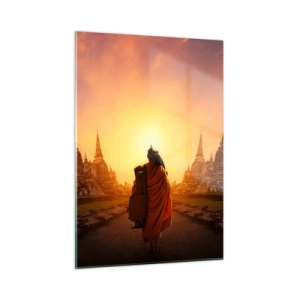 Cuadro sobre vidrio - Impresiones sobre Vidrio - Un monje con el sol poniente como telón de fondo y templos en Asia. - 50x70cm - En paz por la eternidad - Decoración de pared moderna para salón y dormitorio ARTTOR