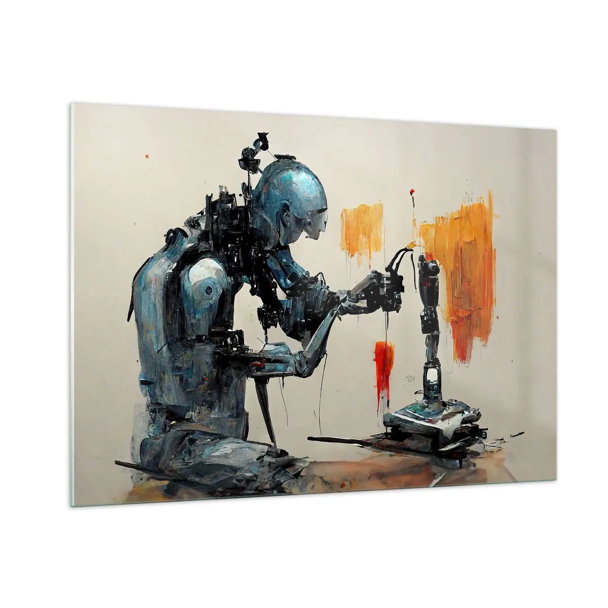 Cuadro sobre vidrio - Impresiones sobre Vidrio - Un robot pintando una mano mecánica sobre un fondo abstracto. - 100x70cm - Próximamente... - Decoración de pared moderna para salón y dormitorio ARTTOR