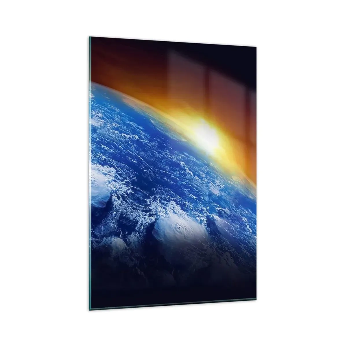 Cuadro sobre vidrio - Impresiones sobre Vidrio - Vista de la Tierra desde el espacio al atardecer - 80x120cm - Amanecer en un planeta azul - Decoración de pared moderna para salón y dormitorio ARTTOR