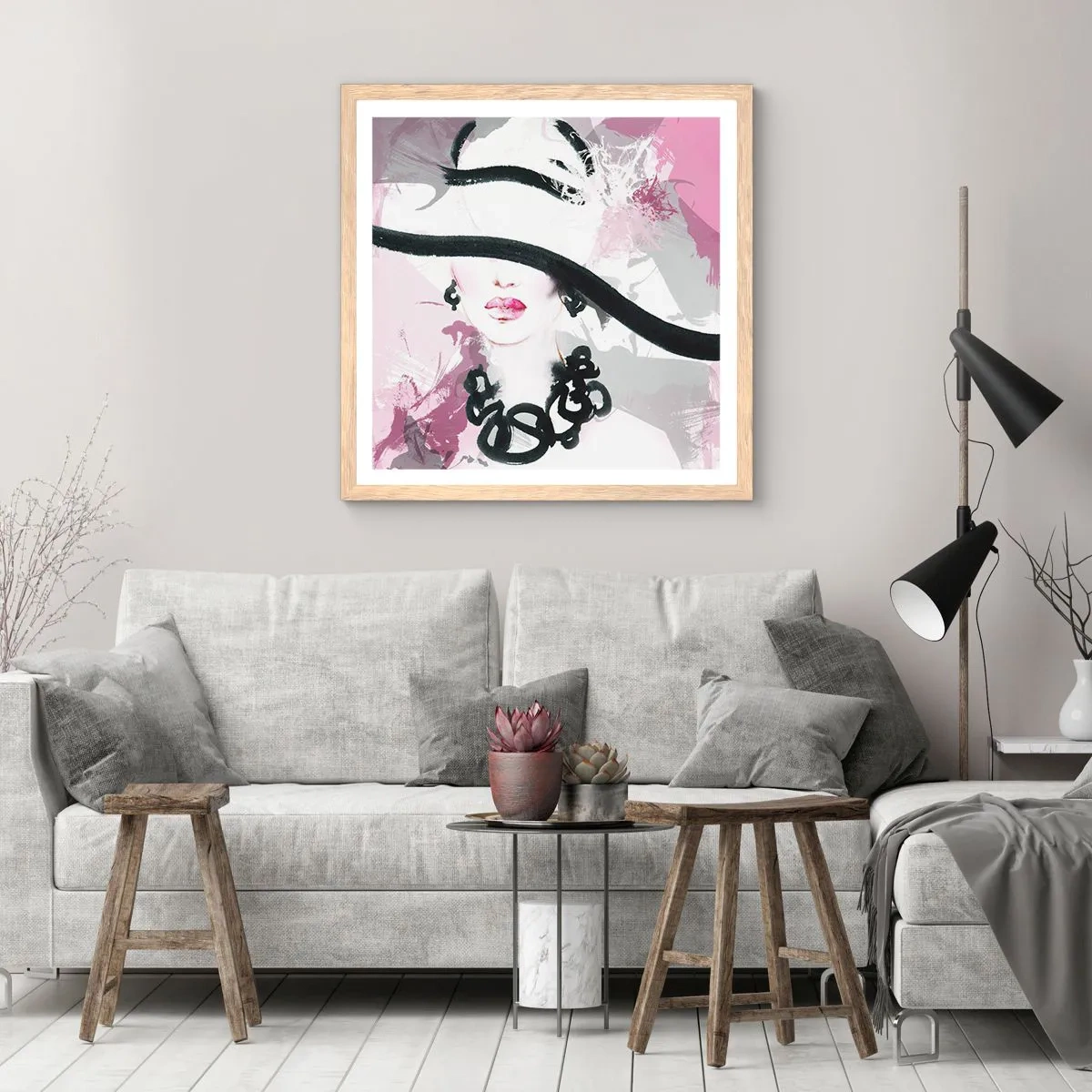 Póster en marco roble claro - Retrato de una dama en negro y rosa - 40x40 cm