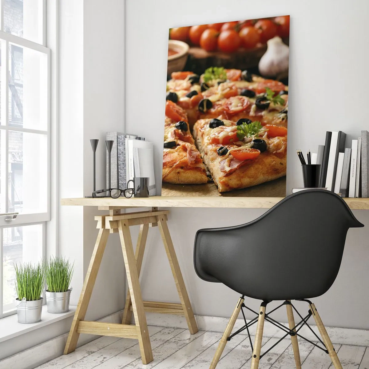 Cuadro sobre vidrio - Impresiones sobre Vidrio - Pizza con tomates, aceitunas y hierbas frescas en la mesa. - 80x120cm - Delicioso aroma - Decoración de pared moderna para salón y dormitorio ARTTOR