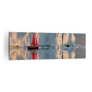 Cuadro sobre lienzo - Impresión de Imagen - Un velero con una vela roja con el fondo de un glaciar. - 160x50cm - En el límite del mundo - Decoración de pared moderna para salón y dormitorio ARTTOR