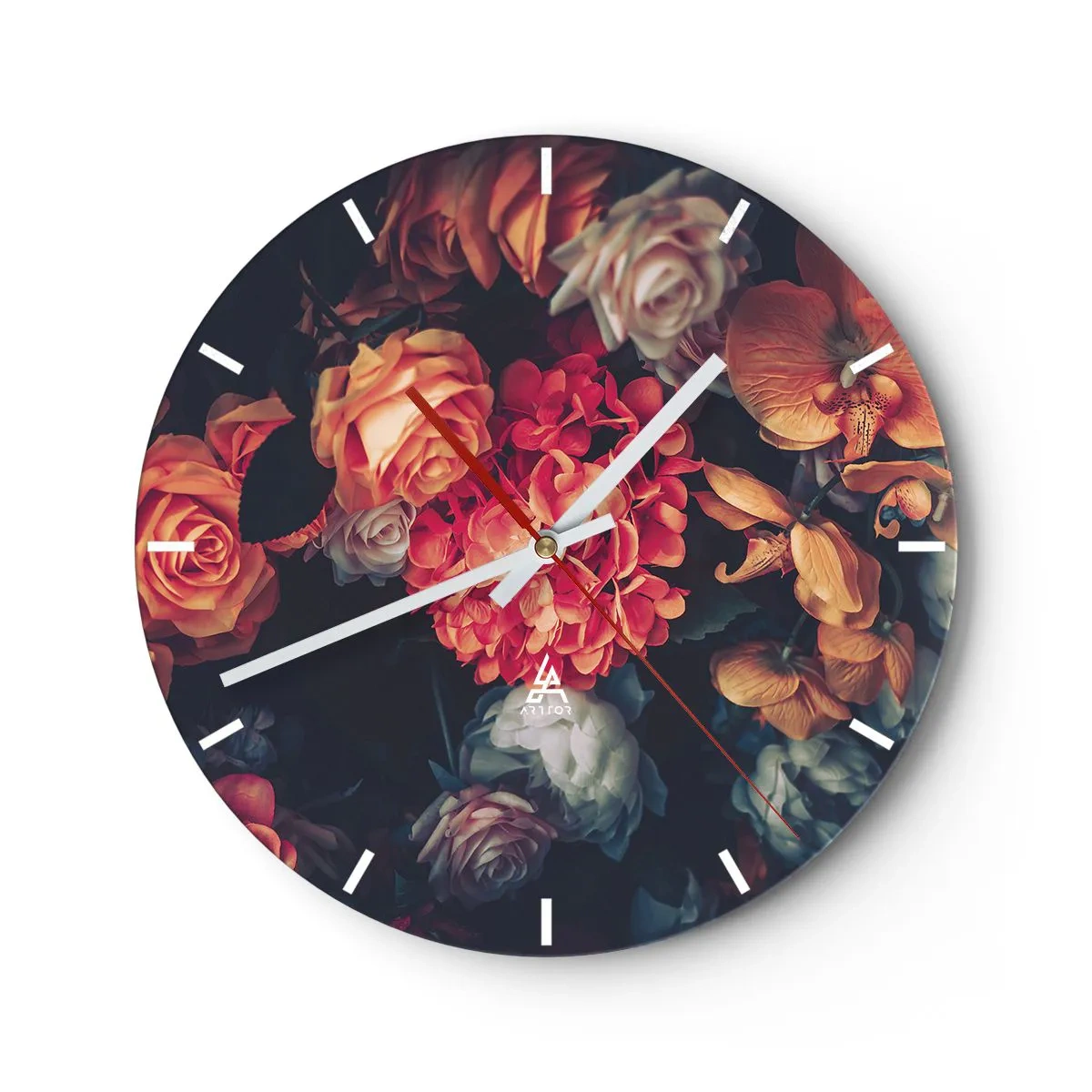 Reloj de pared - Reloj de vidrio - Arreglo floral de estilo barroco sobre fondo oscuro. - 30x30cm - Como los maestros holandeses - Decoración de pared moderna para salón, cocina y dormitorio ARTTOR