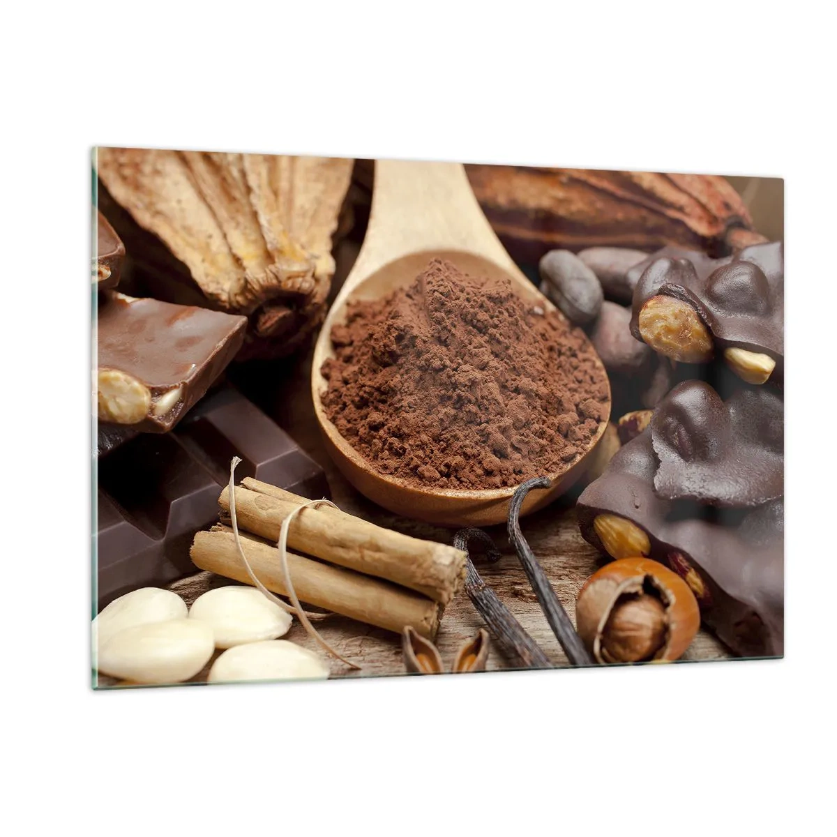 Cuadro sobre vidrio - Impresiones sobre Vidrio - Una cucharada de cacao rodeada de chocolate, especias y frutos secos. - 120x80cm - Lo mejor para las penas - Decoración de pared moderna para salón y dormitorio ARTTOR