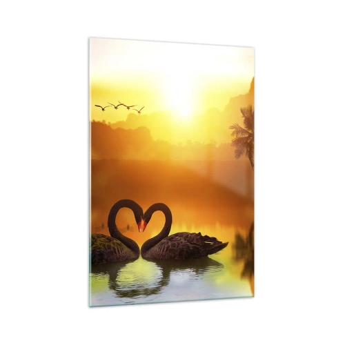 Cuadro sobre vidrio - Impresiones sobre Vidrio - Dos cisnes negros formando un corazón con el telón de fondo de un atardecer en el lago. - 70x100cm - Todo a juego - Decoración de pared moderna para salón y dormitorio ARTTOR