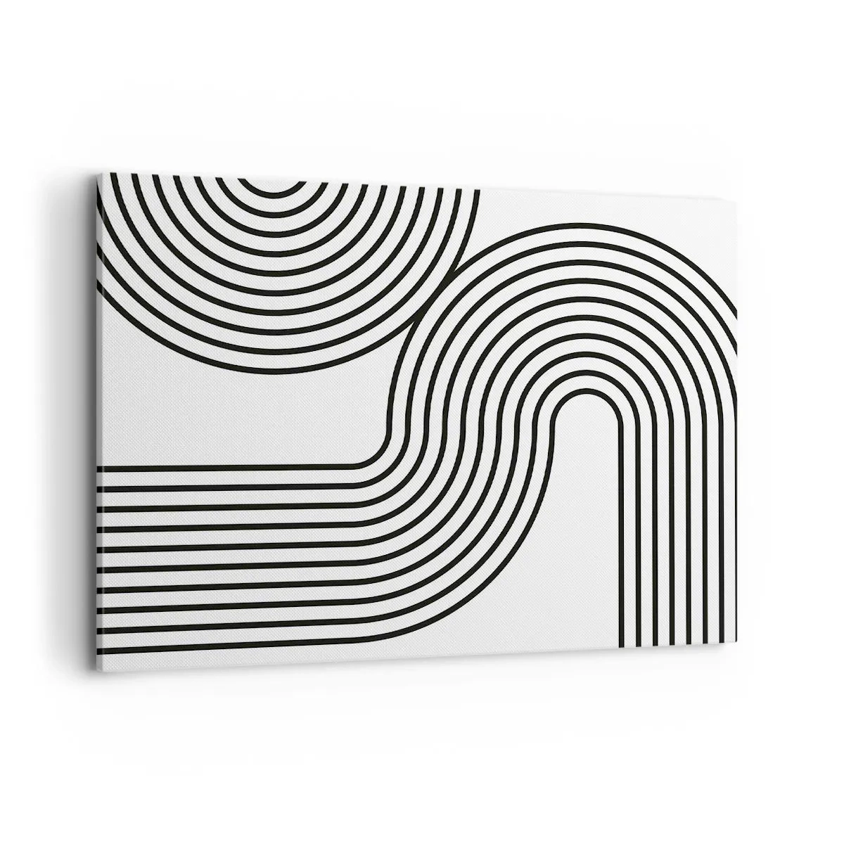Cuadro sobre lienzo - Impresión de Imagen - Una pintura abstracta con líneas negras que crean patrones geométricos sobre un fondo blanco. - 100x70cm - En una curva - Decoración de pared moderna para salón y dormitorio ARTTOR