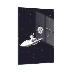 Cuadro sobre vidrio - Impresiones sobre Vidrio - Astronauta de dibujos animados surfeando en el espacio en un cohete - 50x70cm - Surfista espacial - Decoración de pared moderna para salón y dormitorio ARTTOR