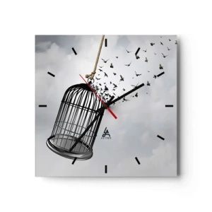 Reloj de pared - Reloj de vidrio - Pájaros volando desde una jaula contra el cielo. - 30x30cm - Fe... Esperanza... ¡Libertad! - Decoración de pared moderna para salón y dormitorio ARTTOR